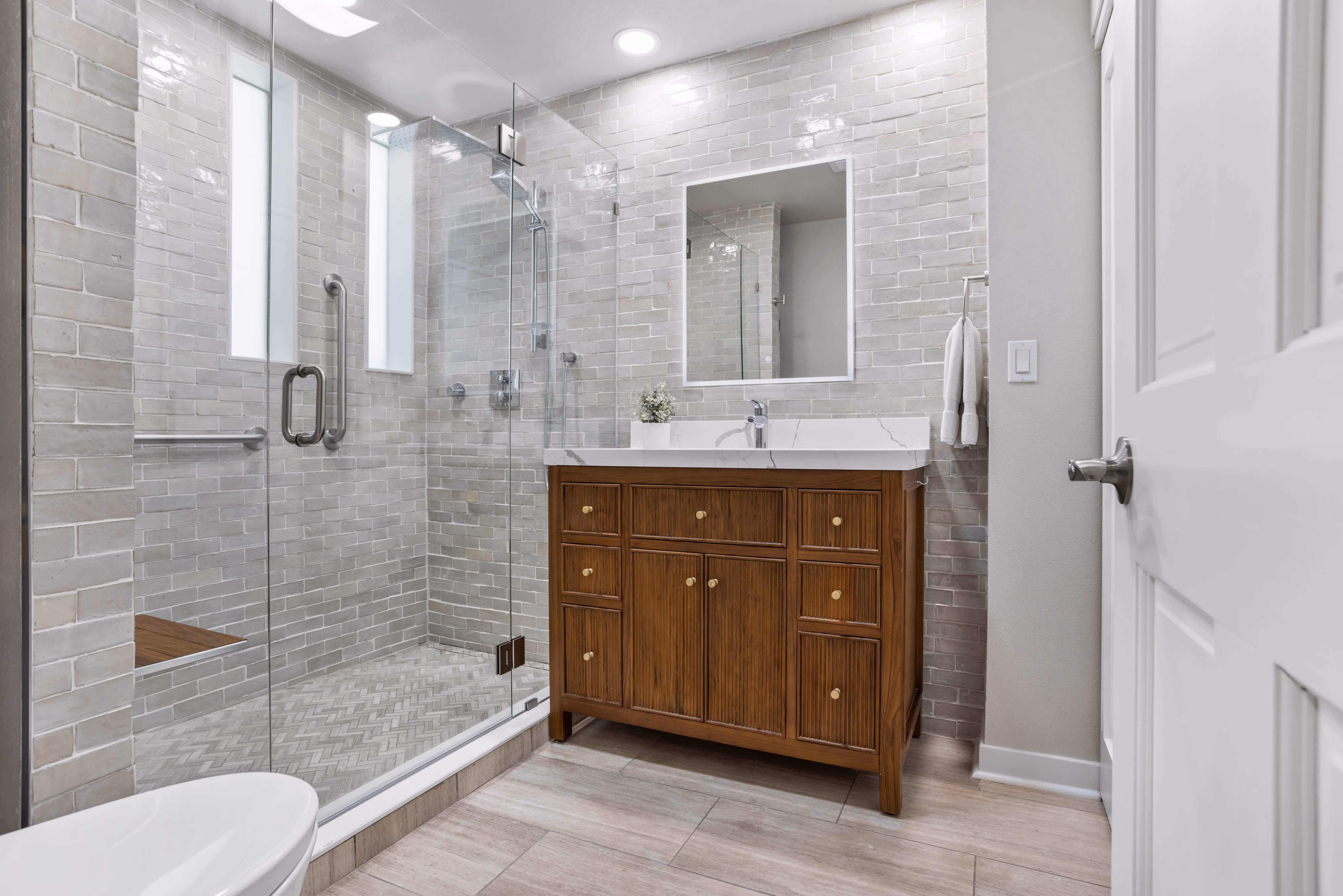 Freestanding tub in a renovated primary bathroom