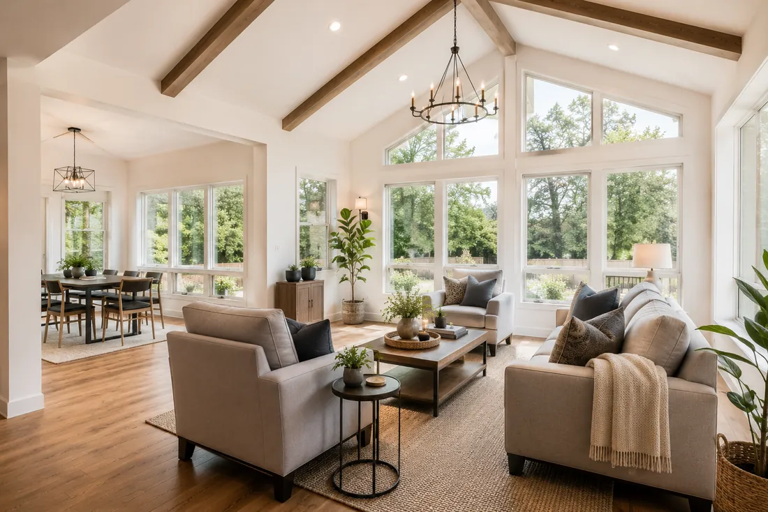 Bright new room addition with large windows blending into the existing home.
