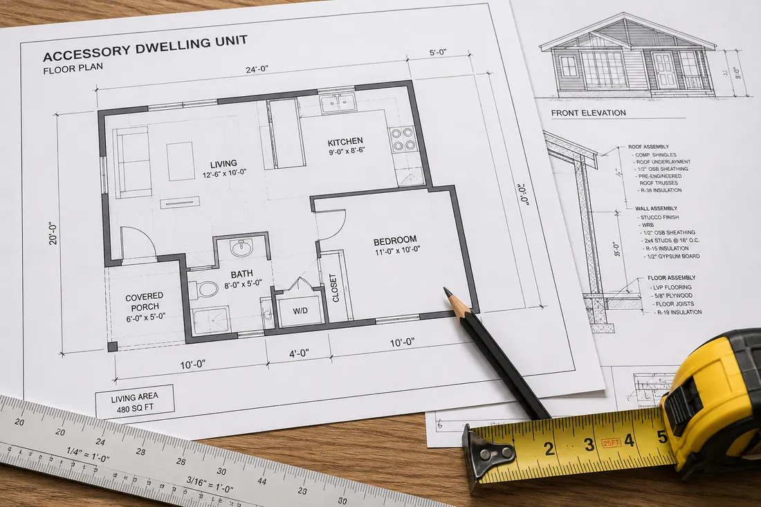 ADU floor plan and permit drawings on a contractor's desk during planning.