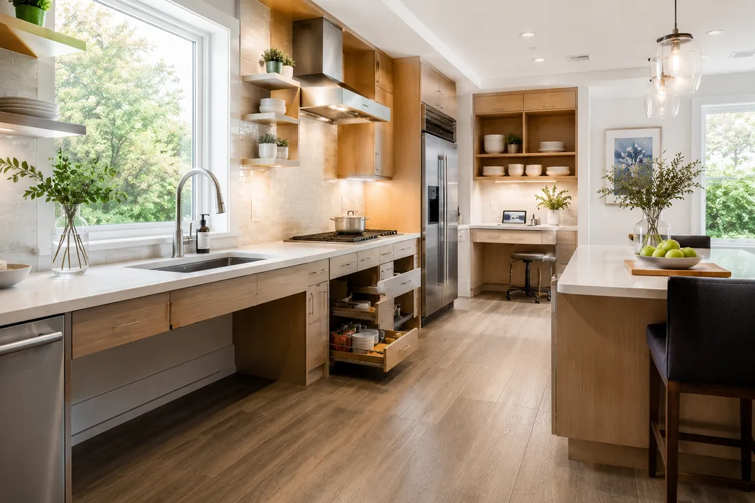 Accessible kitchen with comfort-height counters and easy-reach storage.