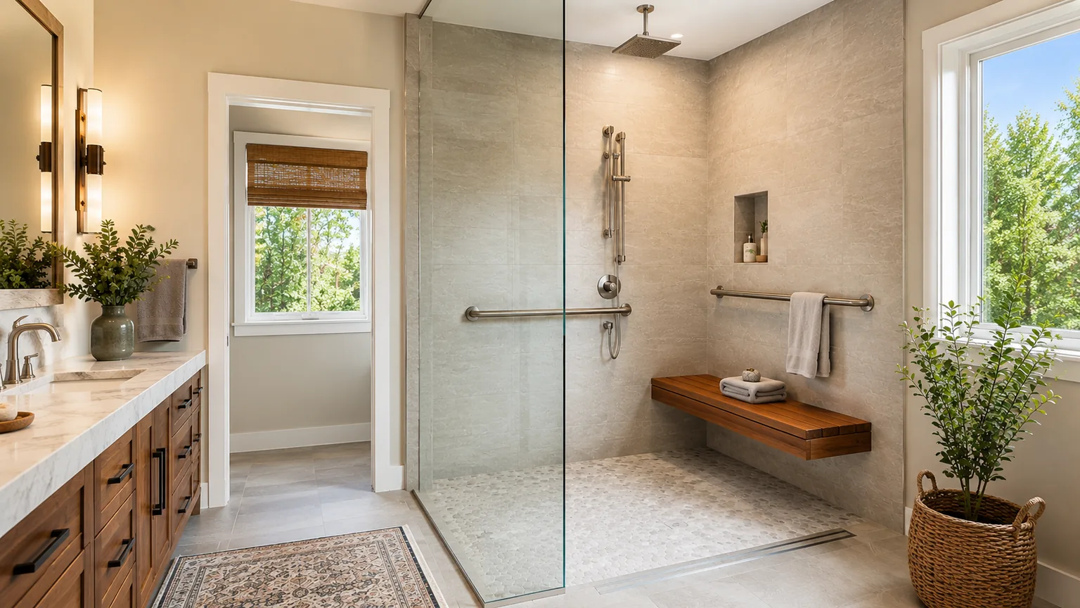 Curbless walk-in shower from an aging-in-place bathroom remodel in South Denver