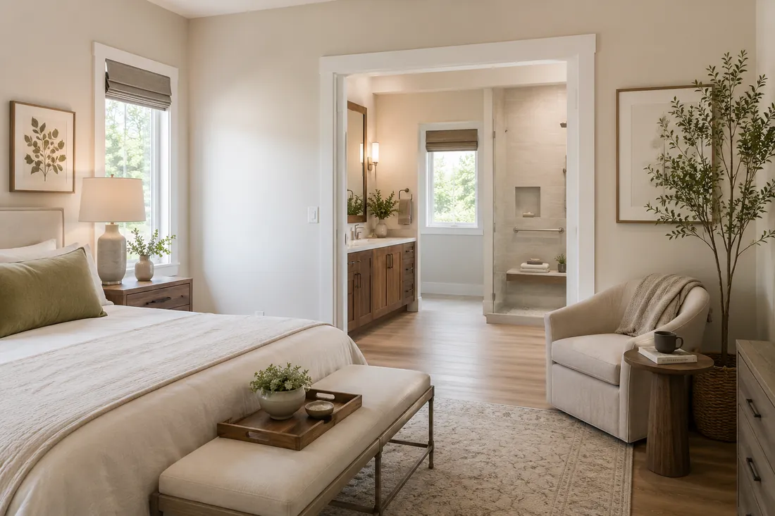 Bright first-floor primary suite designed for comfortable aging in place.