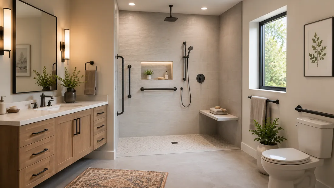 Walk-in shower with built-in bench and handheld fixture for accessible bathing.