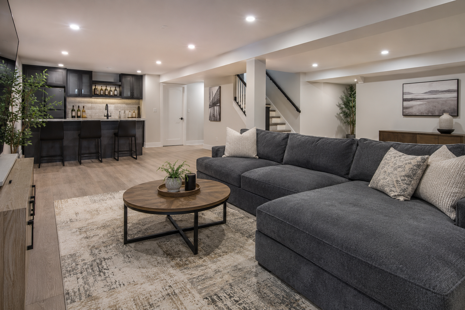 Before and after comparison of a basement finishing and transformation project.