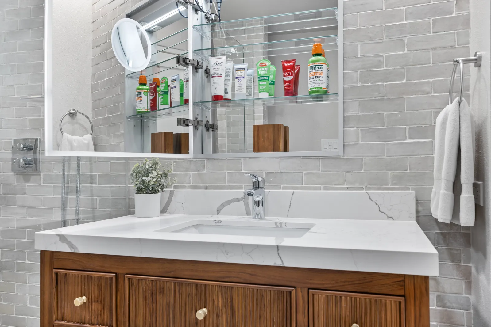 Walk-in shower with teak bench and grab bars, Centennial aging-in-place bath