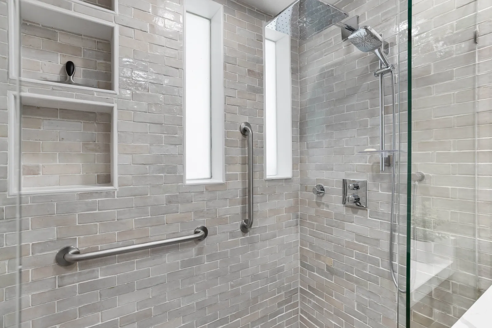 Curbless shower with handheld sprayer, Centennial accessible bathroom