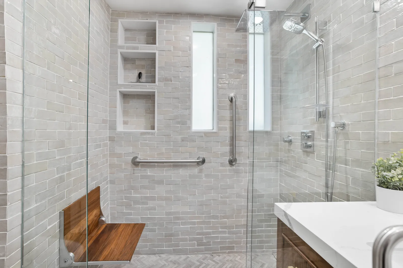 Barrier-free shower with gray tile, Centennial CO remodel