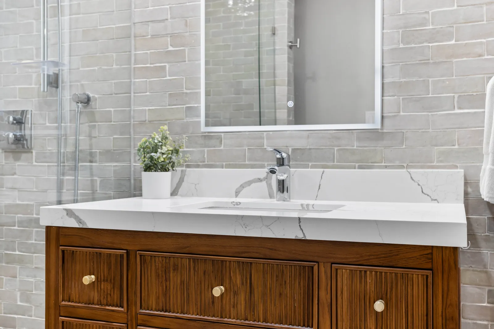 Zero-threshold walk-in shower with grab bars, Centennial bathroom