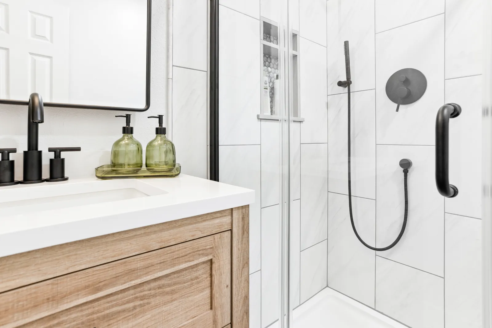White-oak vanity with quartz counter, Englewood bathroom remodel