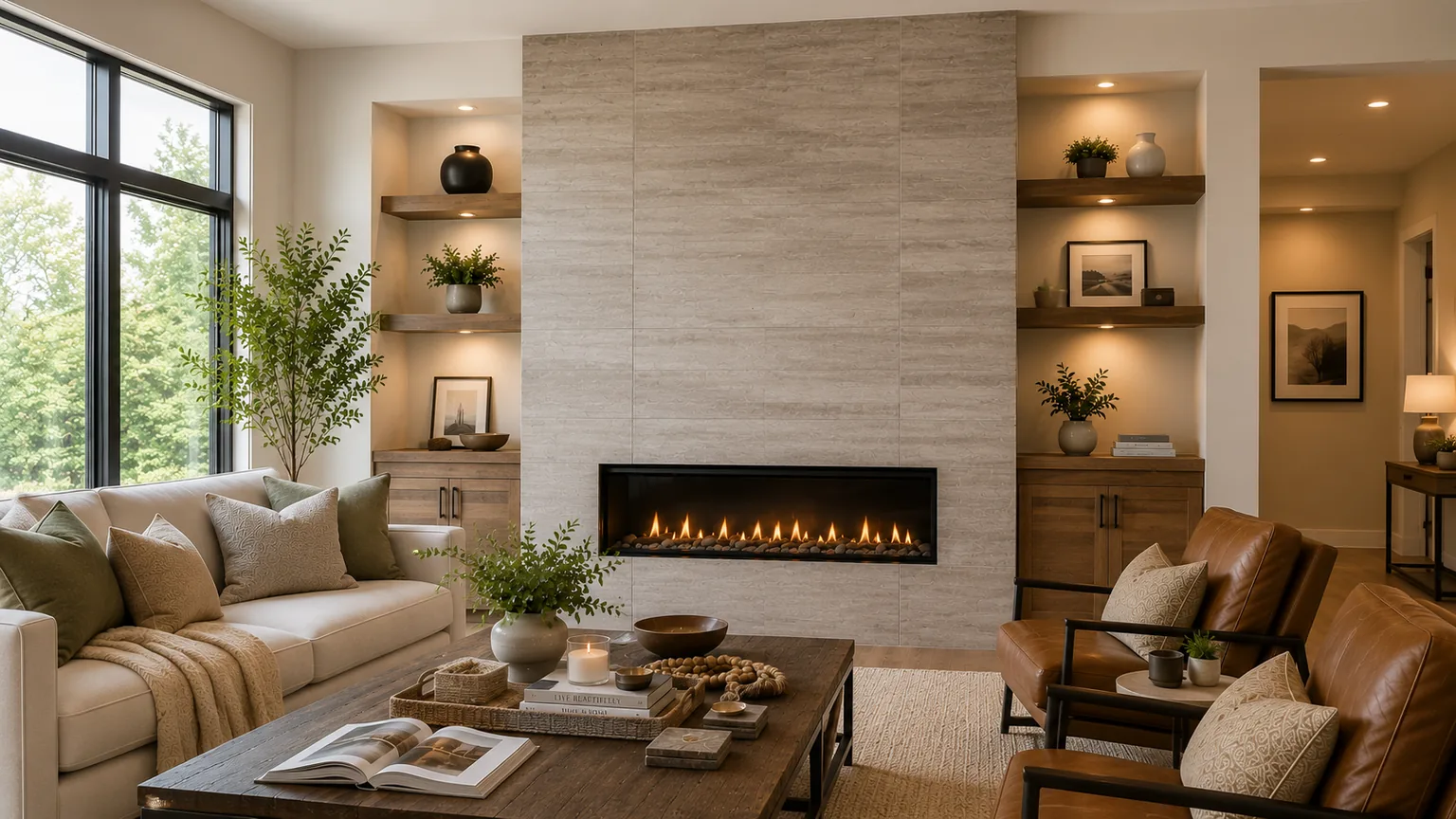 Modern stone fireplace feature wall with built-in shelving in a South Denver living room.