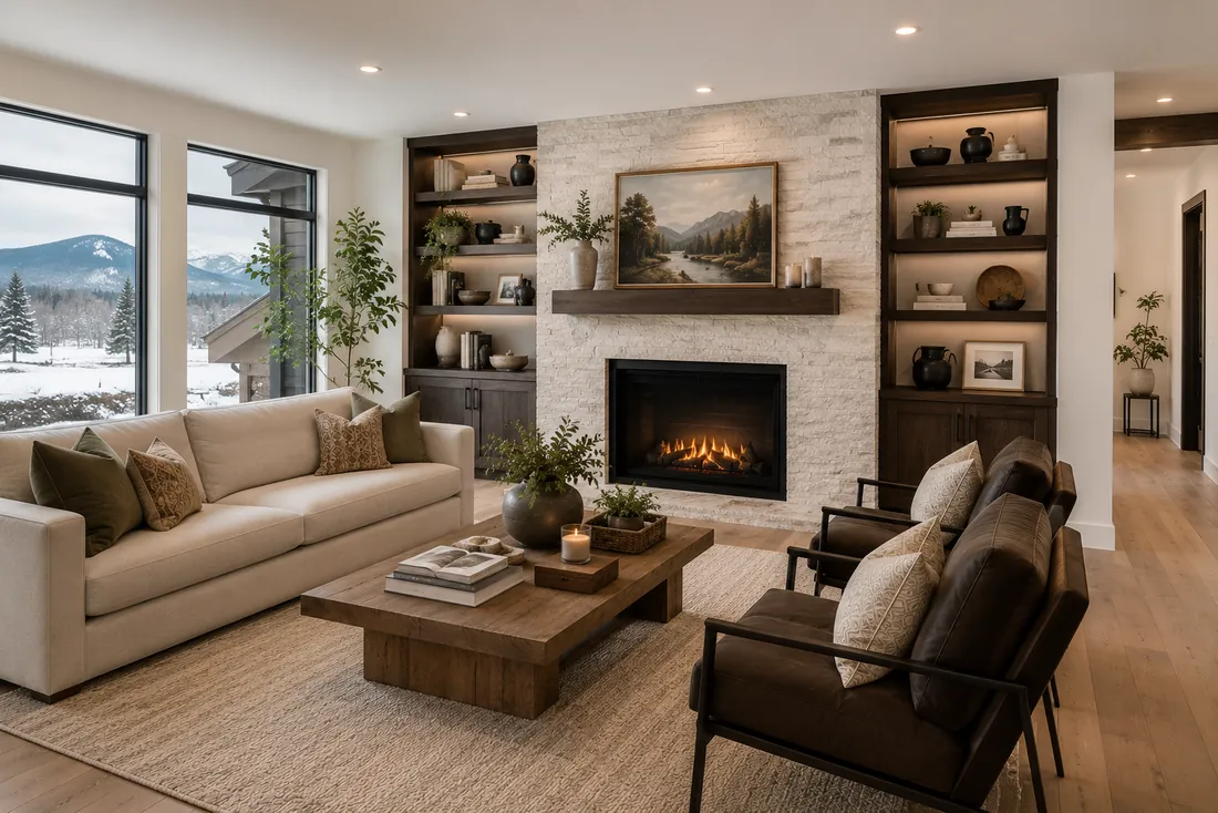 Living room remodel centered on a refreshed modern fireplace.