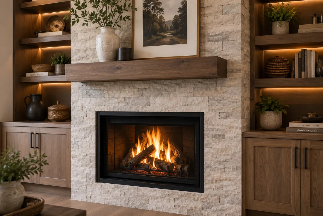 Custom tile fireplace surround with floating mantel and built-in cabinetry.