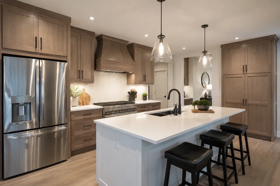 Modern kitchen remodel with warm wood cabinetry, white quartz waterfall island, three pendant lights, and stainless French-door refrigerator