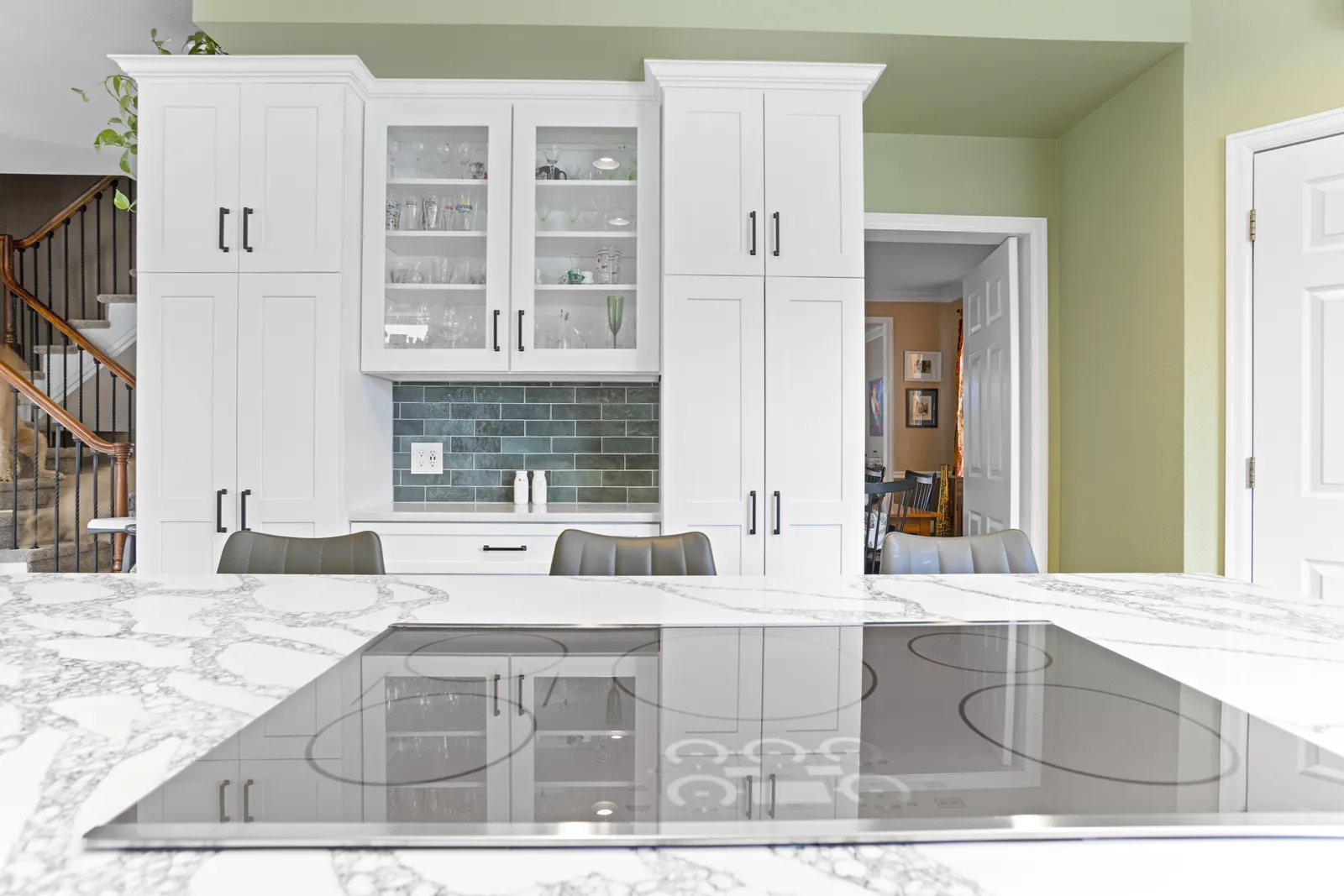 Waterfall quartz island with seating, Northridge kitchen remodel