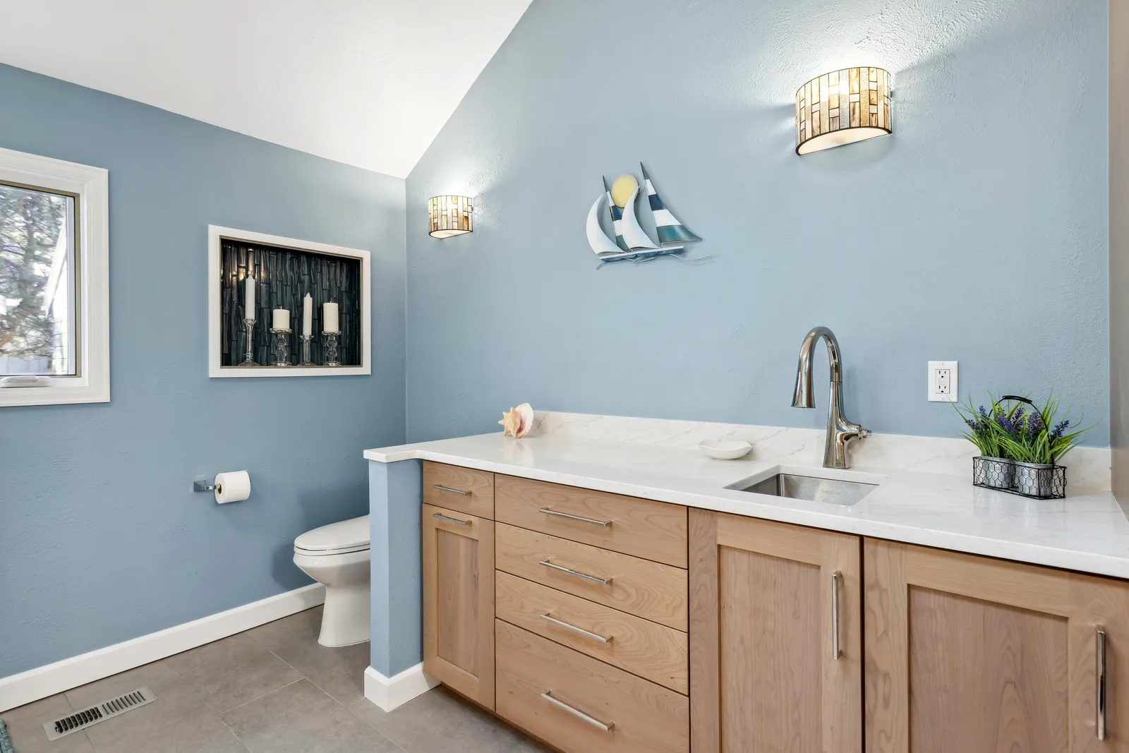 Master bathroom remodel with oak double vanity, Denver Tech Center
