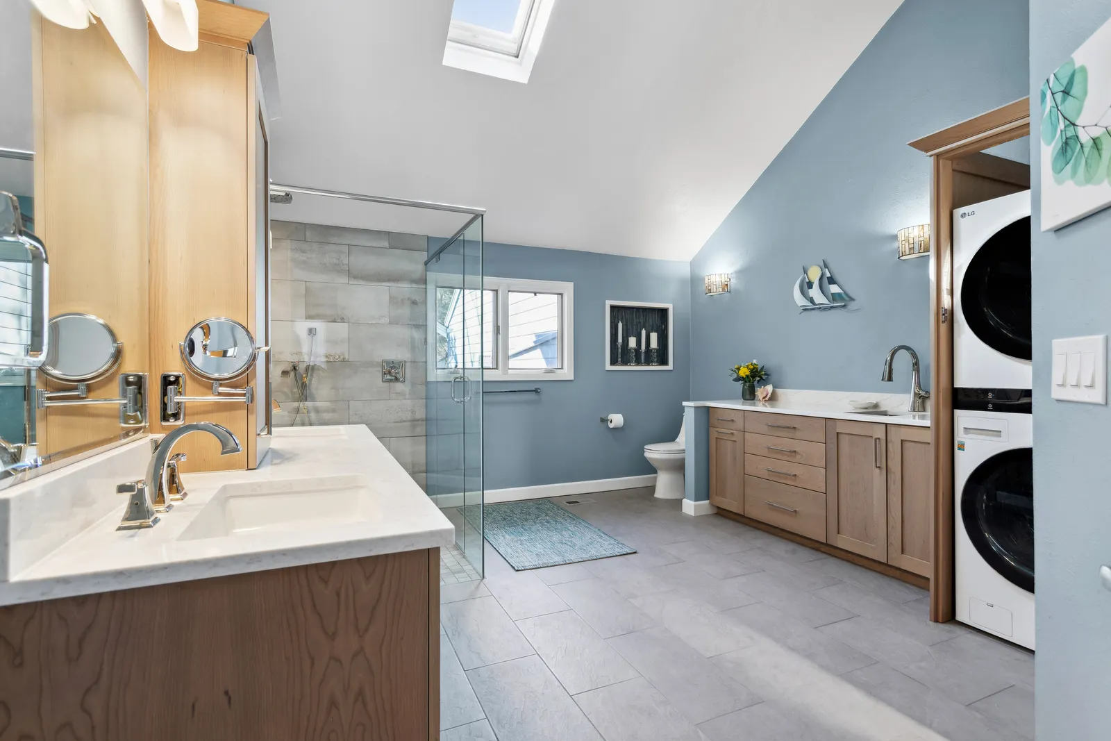 Frameless glass walk-in shower with wood-look tile, Denver master bath