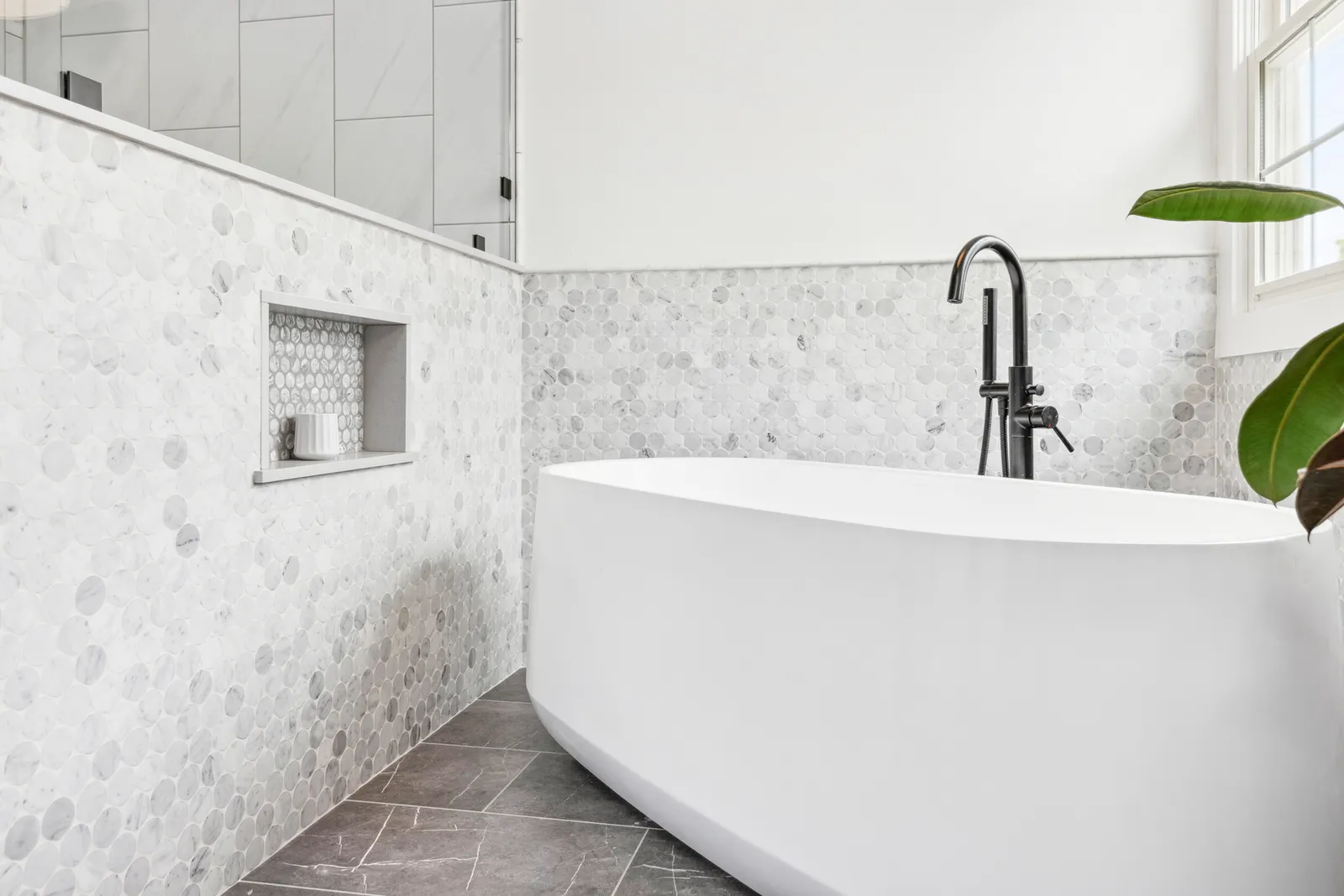 Frameless glass walk-in shower with teak bench, Englewood remodel